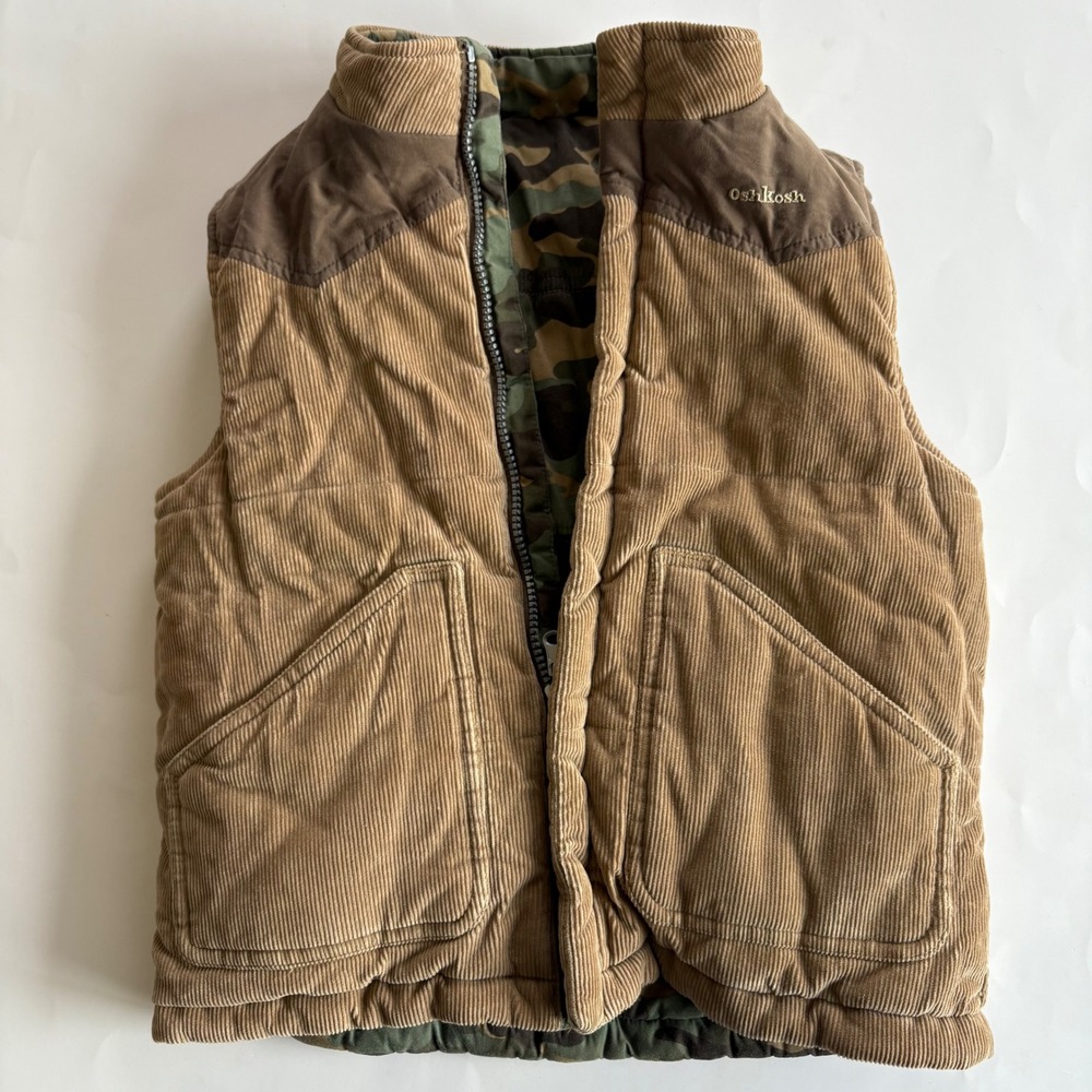 Oshkosh Boys 7 Reversible Brown Corduroy‎ Camoflauge Vest Y2K Puffer